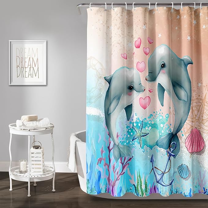 AILONEN Catrtoon Dolphin Shower Curtain Bathroom 48" W*72" H Kawaii Jumping Dolphin Curtain Cloth Fabric Bathroom for Kids Girls,Ocean Theme Shower Curtain Set