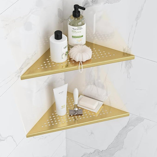 Neodrain 12 Inch Gloden Corner Wall Shelf Set of 2, Floating Corner Shelves for Wall, 304 Stainless Steel Wall Storage Shelves for Bathroom,No Drilling