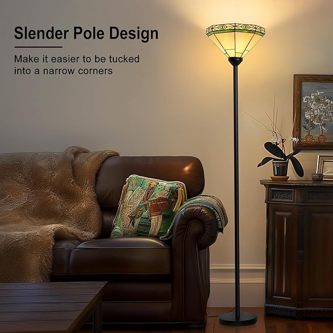 Tiffany Floor Lamp, Tochiere Standing Lamp with Stained Glass Shade, Vintage Tall Pole Lamp with Foot Switch, Decorative Corner Light for Living Room Bedroom Home Office(E26 Base)