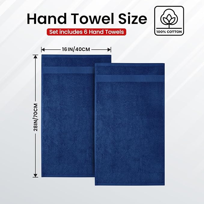 Infinitee Xclusives Luxury 100% Ring-Spun Cotton Hand Towels for Bathroom Set of 6 (16x28 inches) - Soft, Absorbent & Quick-Drying Bath Towels for Bathroom, Gym, Spa & Hotel Use (Tranquil Navy)