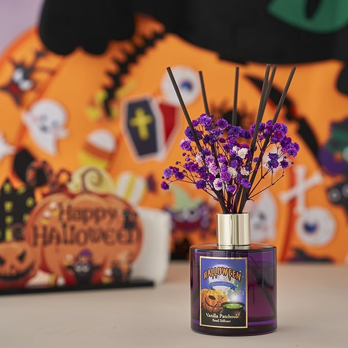 COCORRÍNA Reed Diffuser - Vanilla Patchouli 6.76oz Scented Diffuser with 8 Sticks Home Fragrance Bathroom Shelf Decor (Halloween Collection)