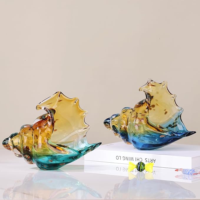 DOVDOV Hand Blown Glass Conch Statues, Blue and Amber Glass Art Figurines, Conch Shells for Coastal Home Decor, Living Room TV Stand and Bookcase Decor, Bathroom Shelf Tops and Cabinet Decor.