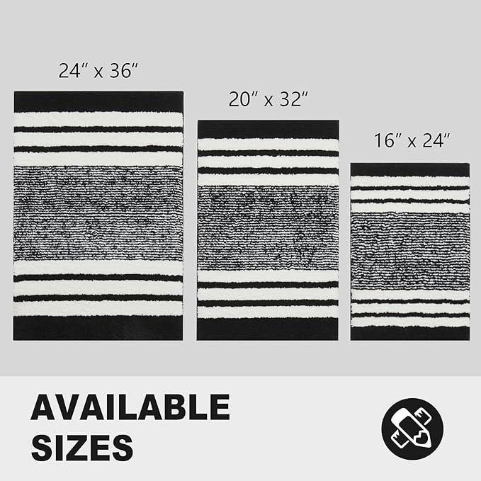 CozeCube Black Striped Bath mats for Bathroom Non Slip, Fluffy Absorbent Microfiber Bath mat Washable, Aesthetic Bathroom Rugs, Large Bath mat for Sink, 36" x 24"