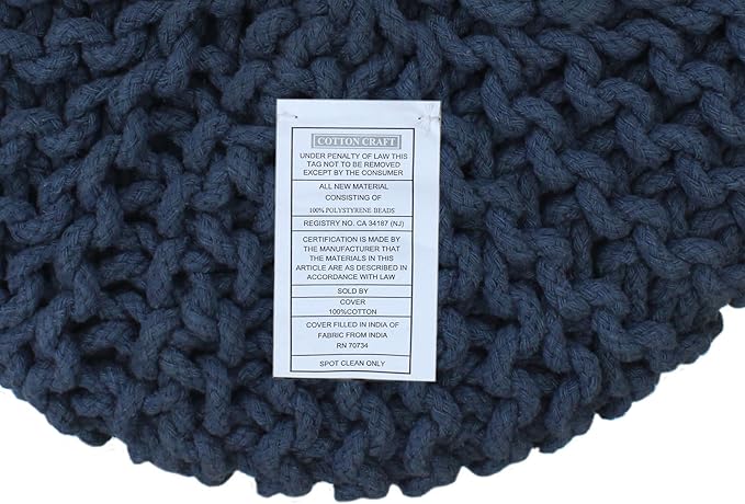 COTTON CRAFT Braided Round Pouf - Hand Knitted Cotton Cord Cable Dori Cylindrical Ottoman - Foot Stool - Floor Pouf - Footrest - Accent Seat - Living Room Bedroom Dorm Décor - 15 Round x 16 H - Blue