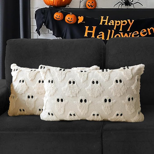4TH Emotion Halloween Ghost Decorative Lumbar Pillow Covers 12x20 Set of 2, Beige Soft Plush Faux Fur Farmhouse Throw Cushion Cases for Fall Autumn Holiday Home Decorations