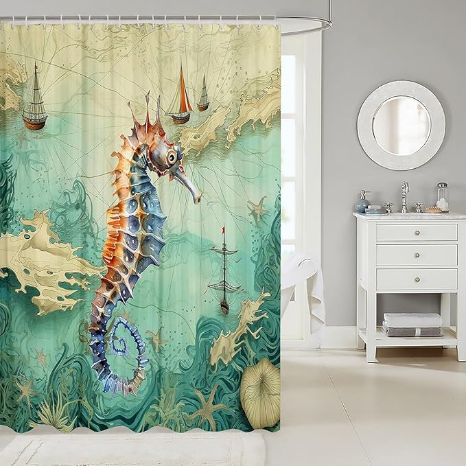 Feelyou Seahorse Shower Curtain 72"x72" Kids Sailboat Printed Bathroom Shower Curtain Set for Boys Girls Teens Ocean Themed Bath Curtain Marine Life Sealife Bathroom Accessories