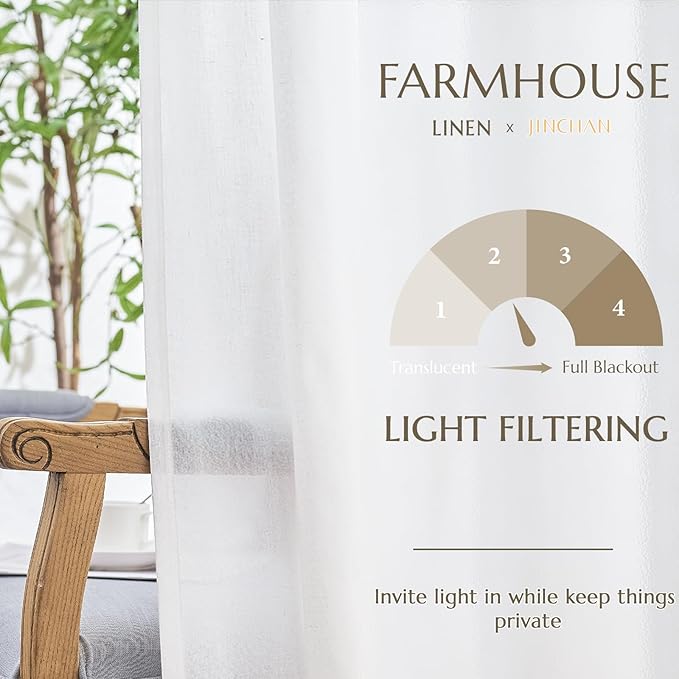 jinchan Soft Linen Curtains Set 2 Panels, Off White Curtains 63 Inch Length, Farmhouse Light Filtering Drapes for Living Room Bedroom, Sheer White Drapes Back Tab Top (W50 x L63, Off White)