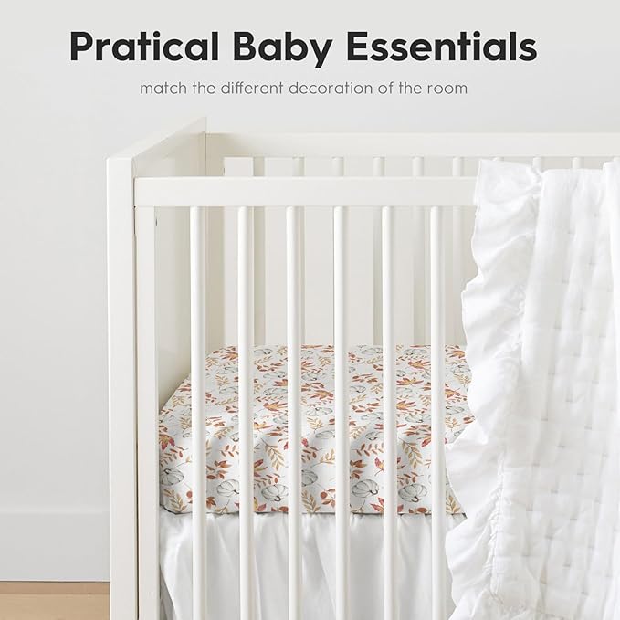 Horaldaily 2 Pack Fitted Crib Sheet for Boys Girls,Soft Breathable Washable Jersey Microfiber Baby Crib Sheet, Fits Standard Size Crib Mattress 28in x 52in, Floral Pumpkin Nursery Sheet White/Orange