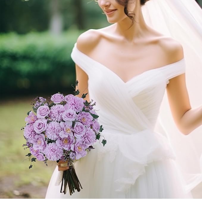 Premium Purple Artificial Flowers Bouquet, Silk Fake Flower Decoration, Faux Floral Arrangements for Wedding Bridal Bouquets and Home Table Centerpieces Décor