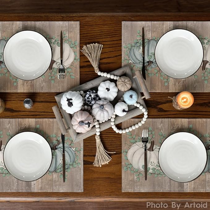 Artoid Mode Wood Pumpkins Eucalyptus Leaves Fall Placemats Set of 4, 12x18 Inch Autumn Thanksgiving Harvest Vintage Table Mat for Party Dining Decoration