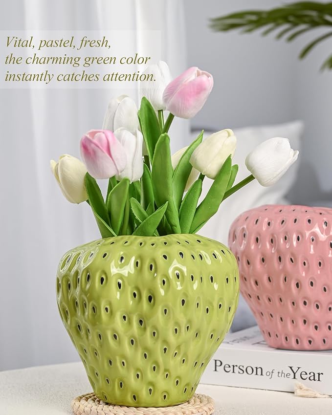 DN DECONATION Green Strawberry Vase, Ceramic Strawberry Vases for Lego Flowers, Decorative Cute Vases Cool Vase for Strawberry Party Home Decor
