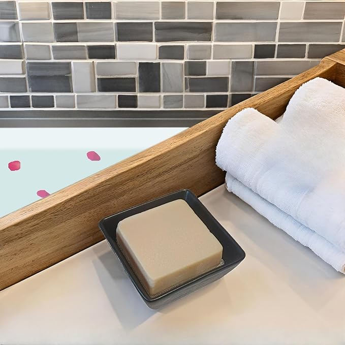 Ceramic Soap Dish, Vonpri Soap Holder Tray, Non-Slip Square Soapbox Container for Handmade Bar Bathroom Sink, Countertop, Shower Stone Texture (Black)