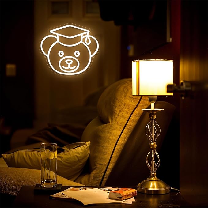 Bear Neon Sign for Wall Decor,Dimmable Bear with Graduation Hat Neon Light,White Grad Light Up Signs for Class of 2025 Graduations Background Decoration Celebration Gifts