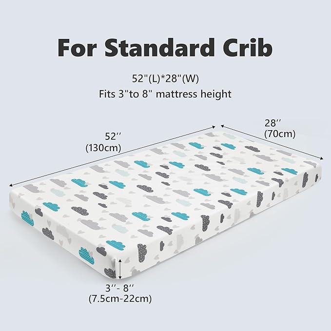 TILLYOU Baby Crib Sheets for Boys Girls, Fitted Crib Sheet 2 Pack for Standard Crib and Toddler Mattresses, Super Soft Toddler Bed Sheets, 28"x52"x8", Blue Clouds & Blue Stars