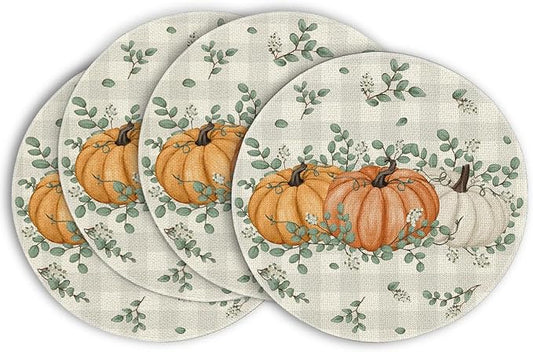 Artoid Mode Orange Pumpkins Fall Round Placemats Set of 4,14 Inch Eucalyptus Thanksgiving Seasonal Round Place Mats for Party Dining Decoration