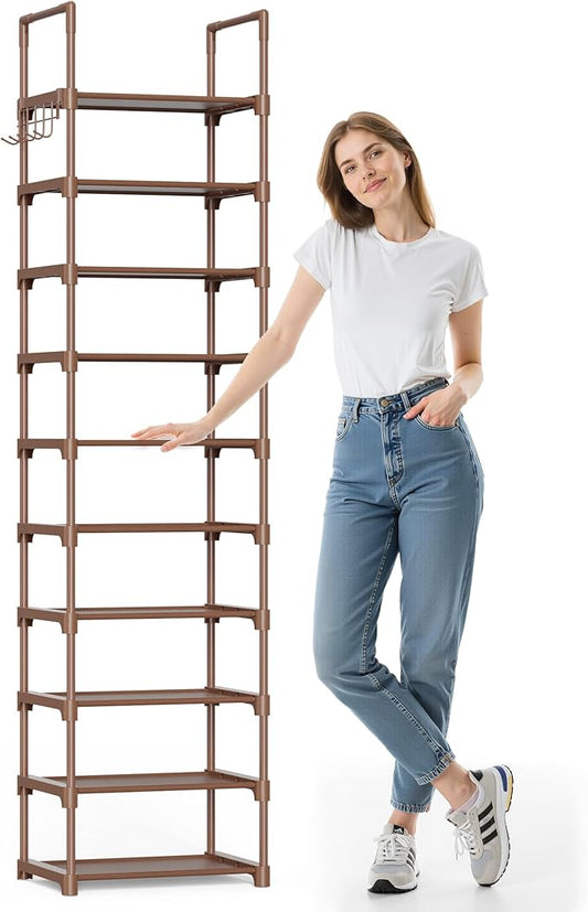 Kitsure Shoe Rack - 10-Tier Shoe Organizer with Detachable Fabric Shelves & Thick Metal Frame, Easy-to-Assemble Tall Shoe Rack for Closet, Entrance, Living Room, 16.9" × 11.8" × 68.5", Brown