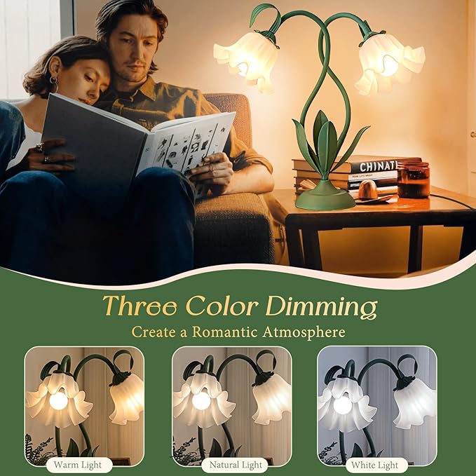 Cute Flower Table Lamp, Bedside Vintage Flower Lamp with LED Bulb, 3 Colors Temperature Reading Light, Table Lamp for Bedroom Living Room Lighting Desk Lamps Home Decoration(Green)