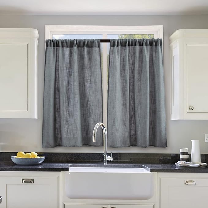 Valea Home Soft Burlap Short Curtains Rustic Natural Rod Pocket Curtain Panels for Small Window 45 inch Length Cafe Kitchen Curtains, 2 Panels, Grey