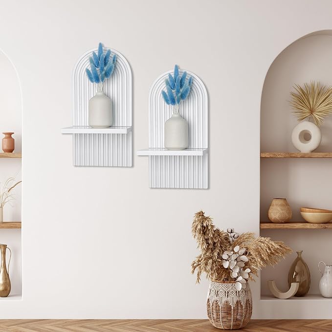 YIYA 2 Pcs Boho Wooden Rainbow Wall Shelves - Floating Shelves Modern Boho Wall Shelf for Living Rooms Bathroom Display (White)