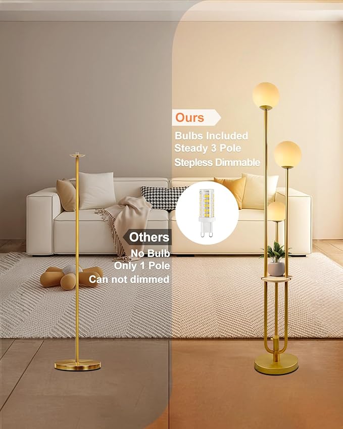 63IN Dimmable Floor Lamp with Shelf, Unique Globe Gold Tall Standing Lamps with 3 Poles, 3000K Warmwhite Mid Century Modern Floor Lamp for Living Room Home Office(Bulbs Included)