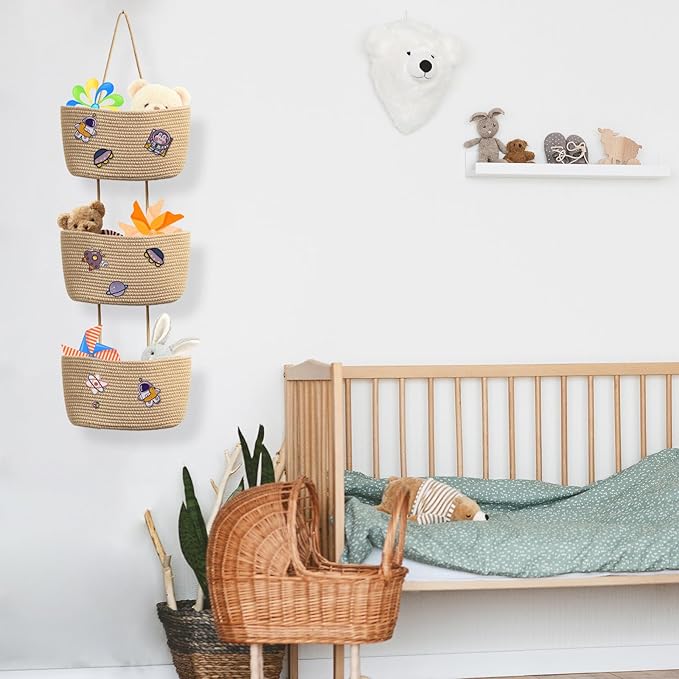TeoKJ Over The Door Hanging Baskets, 3-Tier Woven Cotton Storage Organizer with Hooks Wall-Mounted with Self Adhesive Space Astronaut Stick Decorative Hanging Nursery Baskets - Jute