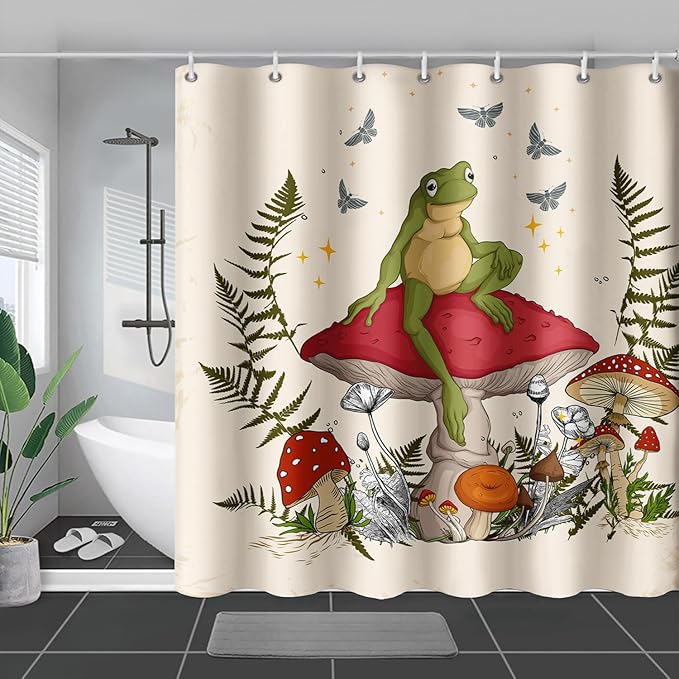 AILONEN Frog Mushroom Shower Curtain Cartoon Animal Wildlife Red Mushroom Boho Aesthetic Minimalist Modern Art Bathroom Decor 72" W*78" H Shower Curtains with 12 Hooks