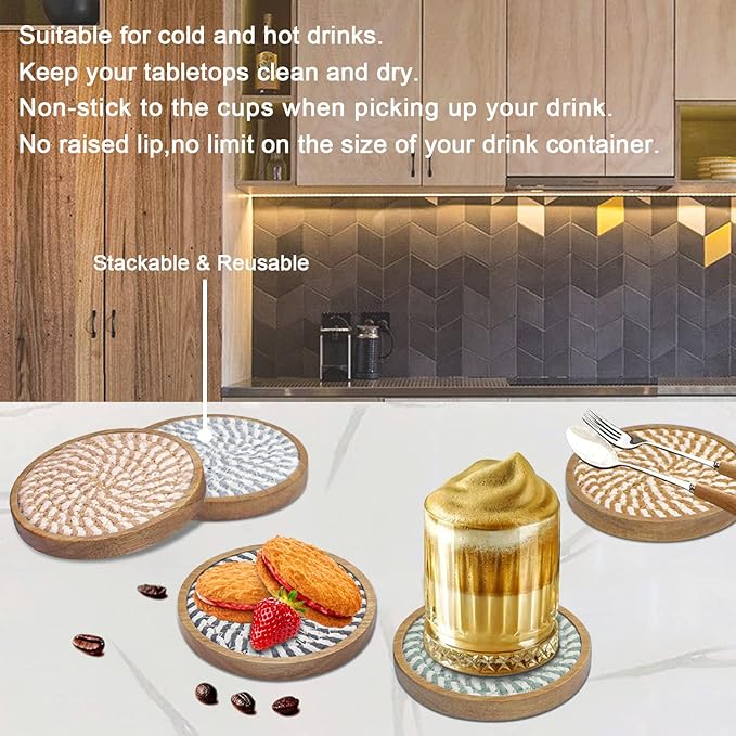 5 Pack Absorbent Coasters for Drinks, 4.3 Inches Cork for Coffee Tables, Wooden Drink Protection, Cute for Kitchen, Farmhouse, and Office (Colorful Series)