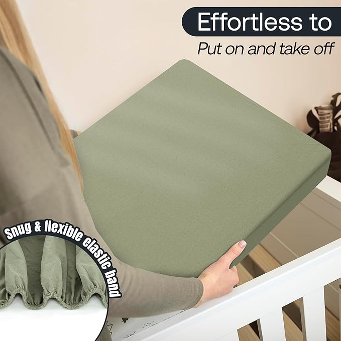 Baby Mini Crib Fitted Sheet, 100% Cotton Knitted Jersey, Pack n Play Sheet, Fitted Crib Sheets, Super Soft, Durable, Toddler Fitted Sheet, Green & Mustard Grey 38"x24"x6"'