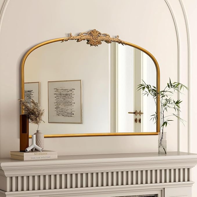 Vintage Baroque Gold Mirror: 32"x24" Arched Antique Wall Mounted Mirror - Traditional Ornate Metal Frame - Home Decor for Entryway/Fireplace/Living Room/Hallway/Bathroom