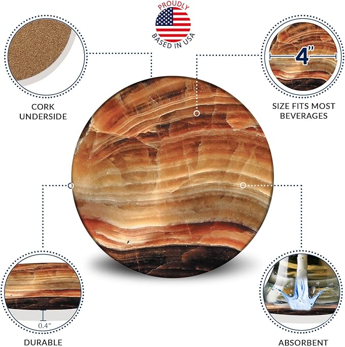 Emerson Essentials Coasters for Drinks Absorbent with Holder, Set of 6, Cork Bottom Ceramic Stone Modern Marble Style for Wooden Coffee Bar Tables, Glass Tabletop Non Slip, Housewarming