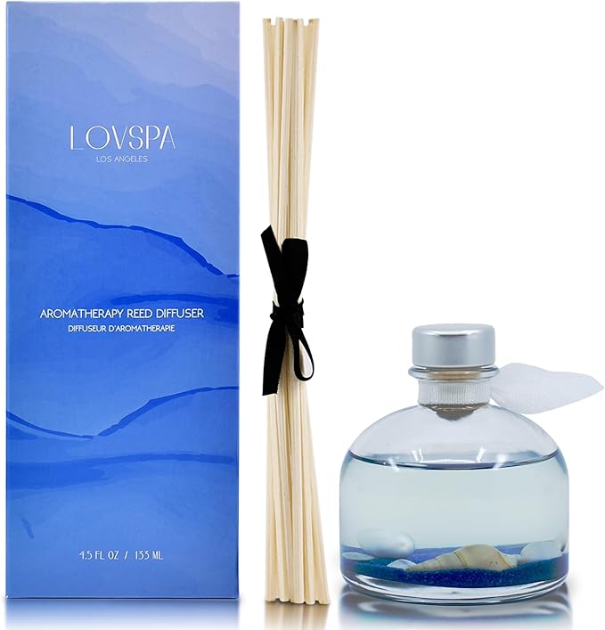 LOVSPA Escape Beach Getaway Ocean Scented Reed Diffuser Set - Fresh Citrus Marine Scent & Woodsy Amber - Made with Real Sea Shells! Beach House Decor - Great Idea!