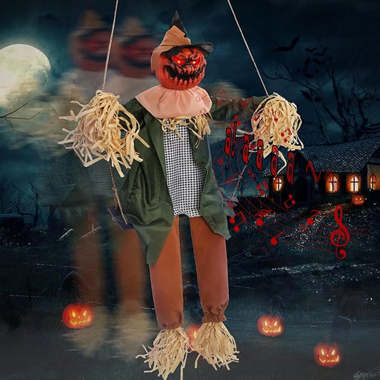 Scary Halloween Decorations - Outdoor Hanging Swinging Pumpkin with Sound & Slap Activated, Light Up Eyes Creepy Sound Expressions, Large Scary Decor Props for Indoor & Outdoor
