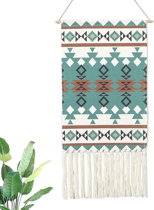 Dremisland Macrame Woven Wall Hanging Tapestry- Boho Chic Bohemian Home Decor Geometric Art Decor Boho Backdrop - Beautiful Apartment Dorm Room Door Decoration, 17.7" W x 32" L (Green Geometric)