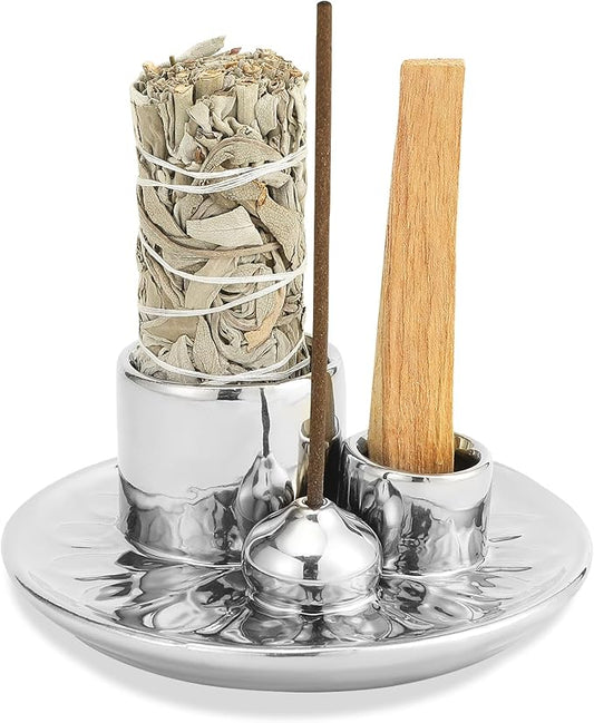 Palo Santo Sticks Holder, Multi-Purpose Handmade Ceramic Incense Burner for Palo Santo Incense Sticks, Sage Holder for Burning, Ash Catcher Tray for Meditation Yoga Room (Sliver)