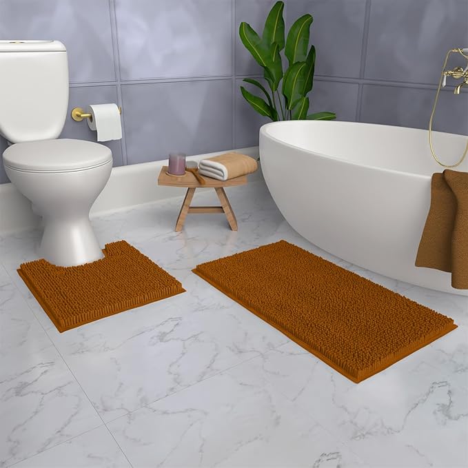Bathroom Rugs Sets 2 Piece, Luxury Chenille Bath Mat Set, Soft Plush Anti-Slip Bath Rug + U-Shaped Toilet Mat. Microfiber Shaggy Carpet, Super Absorbent (24” x 36” & 20” x 24” U, Pumpkin)