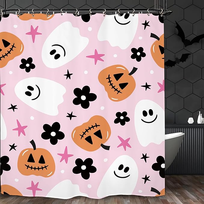 Halloween Pink Ghost Shower Curtain 60Wx72L Inch Pumpkin Cute Girls Horror Scary Spooky Cartoon Lovely Bathroom Set Accessories Decor with 12 Pack Hooks