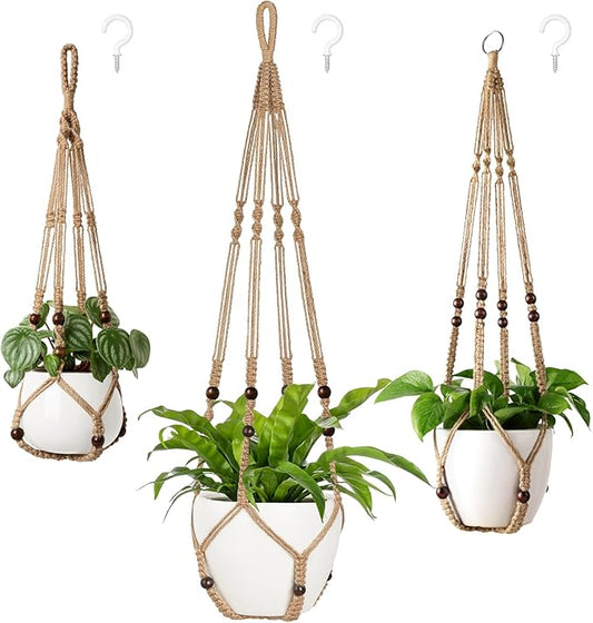 Mkono 3 Pack Macrame Plant Hangers Indoor Different Size Hanging Planter Basket Flower Pot Holder with Beads No Tasselss 43"/35"/29", Large, Brown