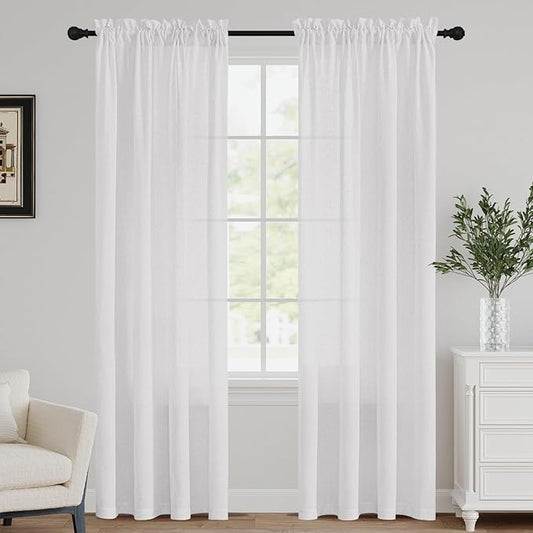 FantasDecor White Sheer Linen Curtains for Living Room 84 inch Length Rod Pocket Flax Linen Burlap Semi Sheer with Light Filtering Privacy Window Treatments for Bedroom, W52 x L84, White