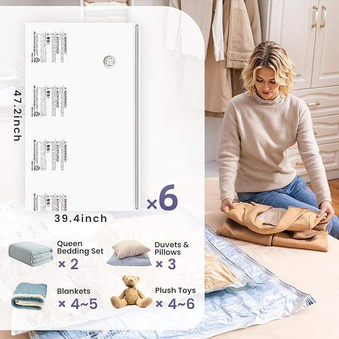 TAILI 6 Pack Vacuum Storage Bags for Comforter and Blankets, XXL Jumbo Vacuum Seal Bags for Bedding (47x39 Inch), Huge Space for Toy, Bedding, Pillows, Save More Closet Space