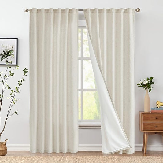jinchan Linen Blend Curtains for Living Room 90 Inch Length 2 Panels Curtains for Sliding Glass Doors, 50 Inch Wide Farmhouse Drapes with Rod Pocket Back Tab(50W x 90L, Ecru)