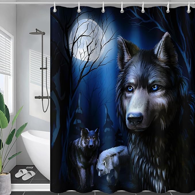 AILONEN Cool Wolf Shower Curtain,Evening Moon Wolf Bath Curtain for Bathroom Decor,Polyester Waterproof for Shower,72" W*78" H with 12 Plastic Hooks