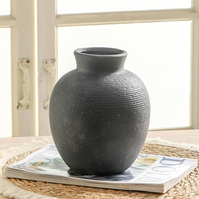 Ceramic Flower Vase Home Decor - Farmhouse Table Vases Rustic Vintage Living Room Kitchen Bedroom Decorations for House Book Shelf Office Coffee Desk Dining Fireplace (7.4" Black)