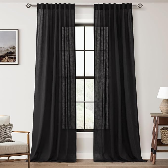 Black Linen Curtains 96 inches Long for Bedroom Back Tab Light Filtering Privacy Semi Sheer Black Curtains Living Room Boho Rustic Farmhouse Cotton Textured Gauze Curtain 2 Panel Set