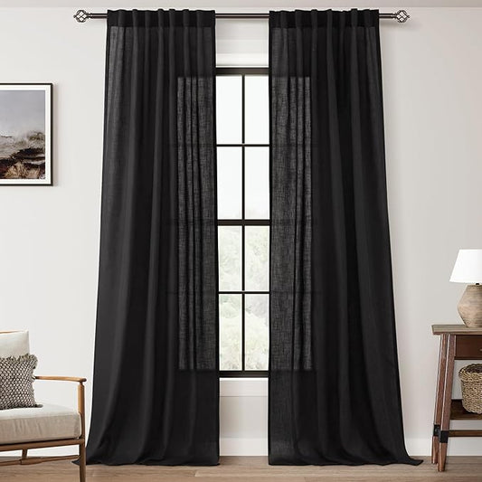 Black Linen Curtains 90 inches Long for Bedroom Back Tab Light Filtering Privacy Semi Sheer Black Curtains Living Room Boho Rustic Farmhouse Cotton Textured Gauze Curtain 2 Panel Set