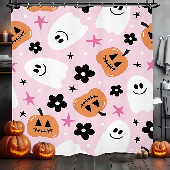 Halloween Pink Ghost Shower Curtain 60Wx72L Inch Pumpkin Cute Girls Horror Scary Spooky Cartoon Lovely Bathroom Set Accessories Decor with 12 Pack Hooks