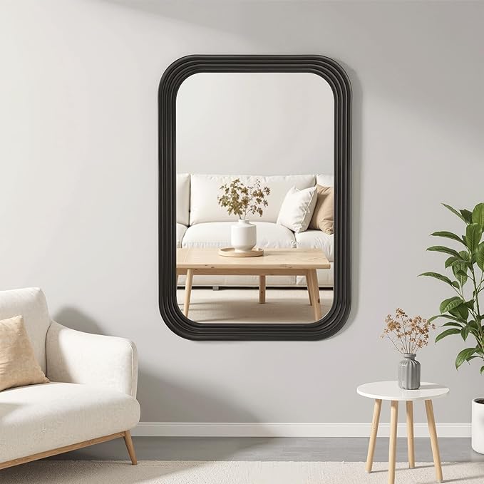 40x28 Inch Rectangle Wall Mirror with Wood Frame,Black Rounded Corners,Wall Mounted for Bathroom Vanity,Living Room,Bedroom,Entryway