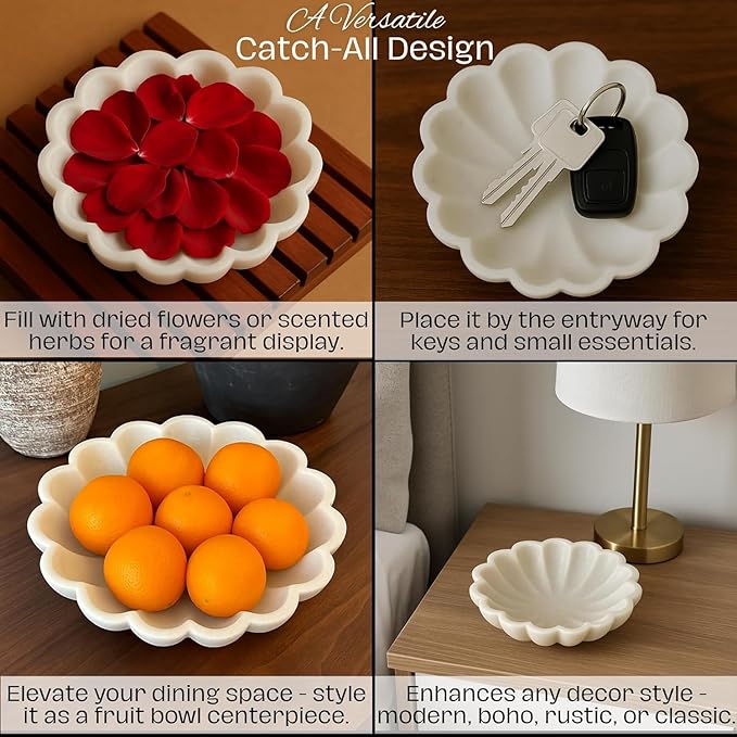 SWADESHI BLESSINGS HandCrafted Marble Decorative Bowl | White Ruffle Scalloped Fluted Key/Fruit Ring Dish | Organic Modern Home Decor (12 Inches)