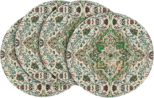 Artoid Mode Boho Round Placemats Set of 4,14 Inch Seasonal Daily Green Flowers Bohemian Table Mats for Party Kitchen Dining Decoration