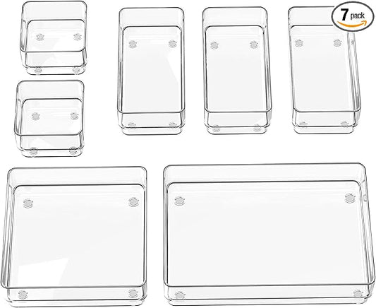 SMARTAKE 7-Piece Drawer Organizer with Non-Slip Silicone Pads, 4-Size Desk Drawer Organizer Trays Storage Tray for Makeup, Jewelries, Utensils in Bedroom Dresser, Office and Kitchen (Clear)