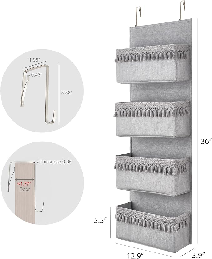 Dahey Over The Door Organizer Boho Nursery Storage Decor Closet Hanging Organizer with Tassels Decoration for Bedroom Nursery Bathroom Apartments Dorm Pantry, 4 Pockets, Grey